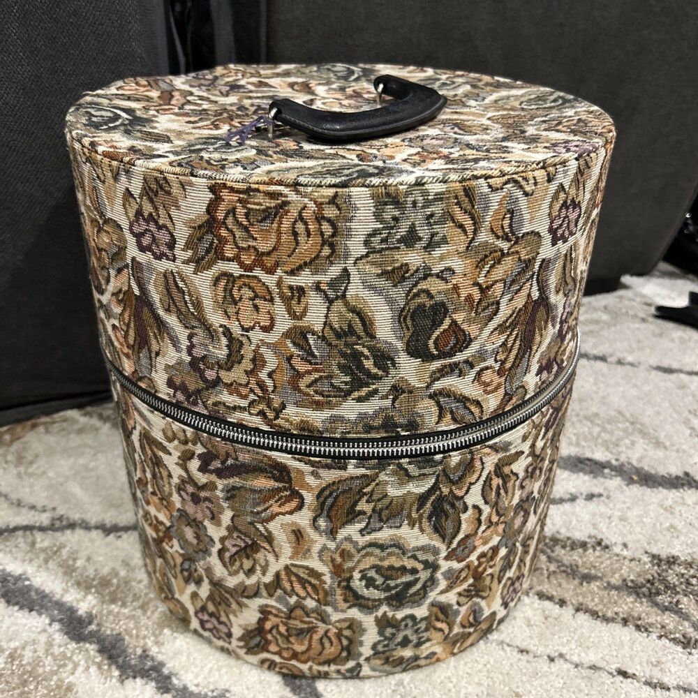 Vintage Floral Tapestry Zippered Hat or Wig Box 13"x13" Travel Case with Lock